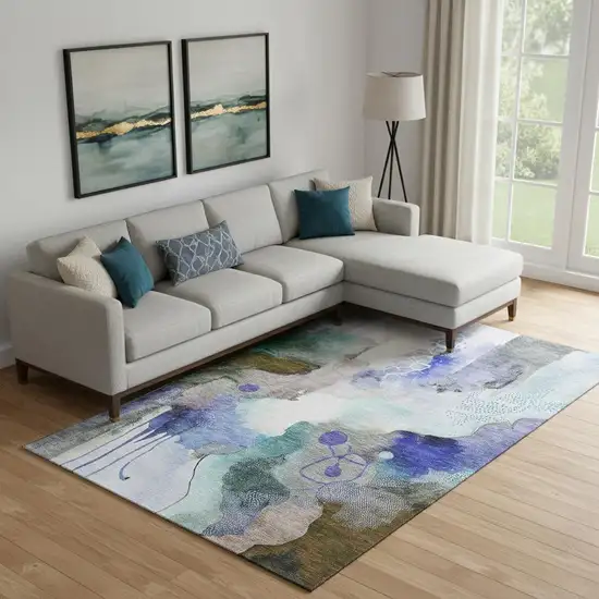 Brown And Teal Abstract Washable Area Rug With UV Protection Photo 2