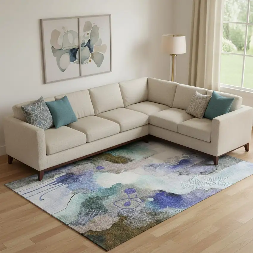 Brown And Teal Abstract Washable Area Rug With UV Protection Photo 2