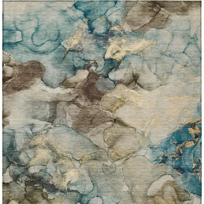 Brown And Teal Blue Abstract Washable Indoor Outdoor Area Rug Photo 6