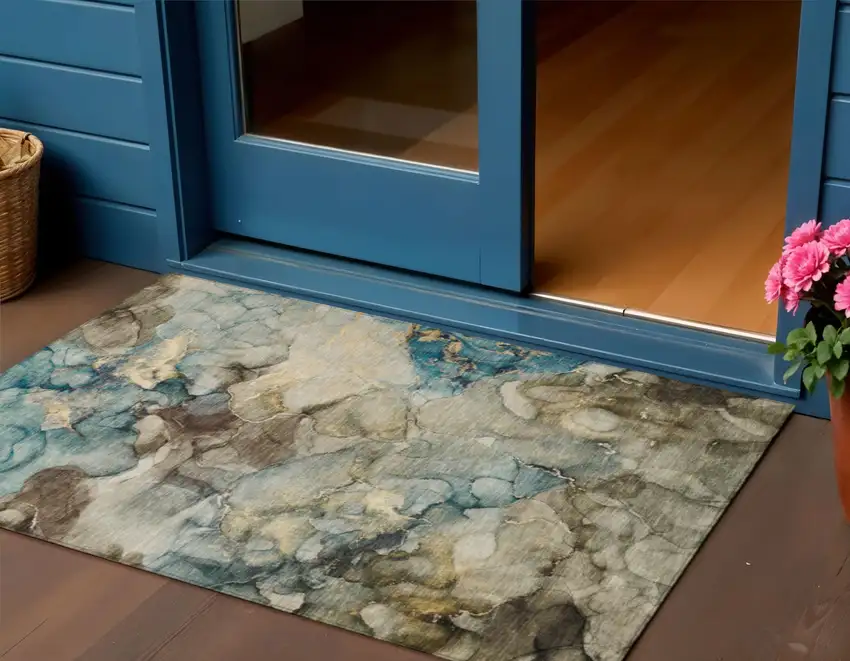 Brown And Teal Blue Abstract Washable Indoor Outdoor Area Rug Photo 2