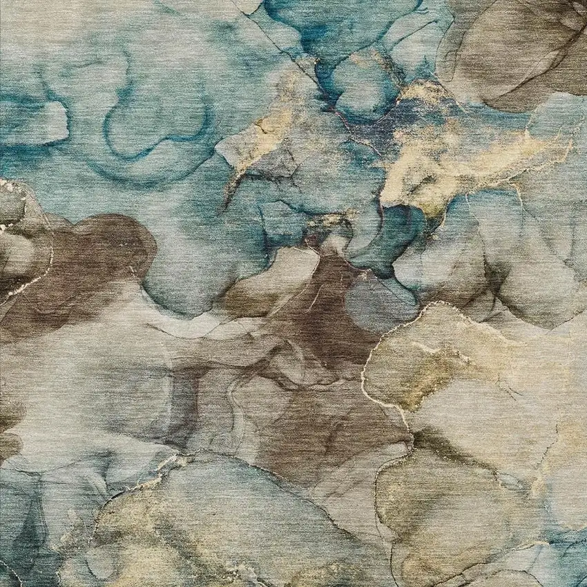 Brown And Teal Blue Abstract Washable Indoor Outdoor Area Rug Photo 3