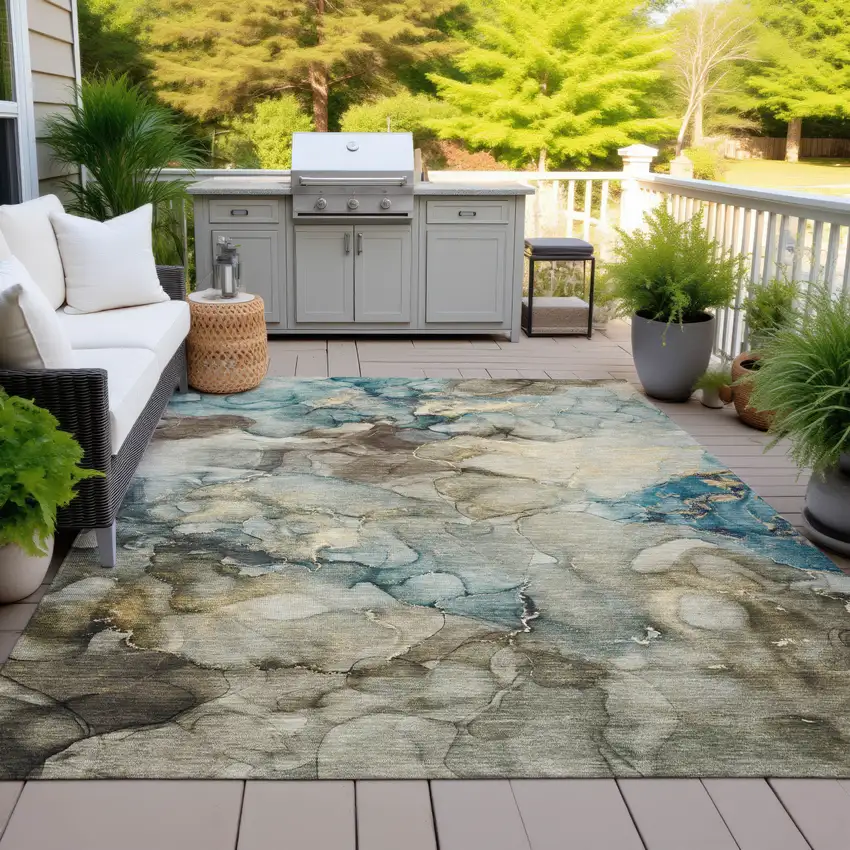 Brown And Teal Blue Abstract Washable Indoor Outdoor Area Rug Photo 6
