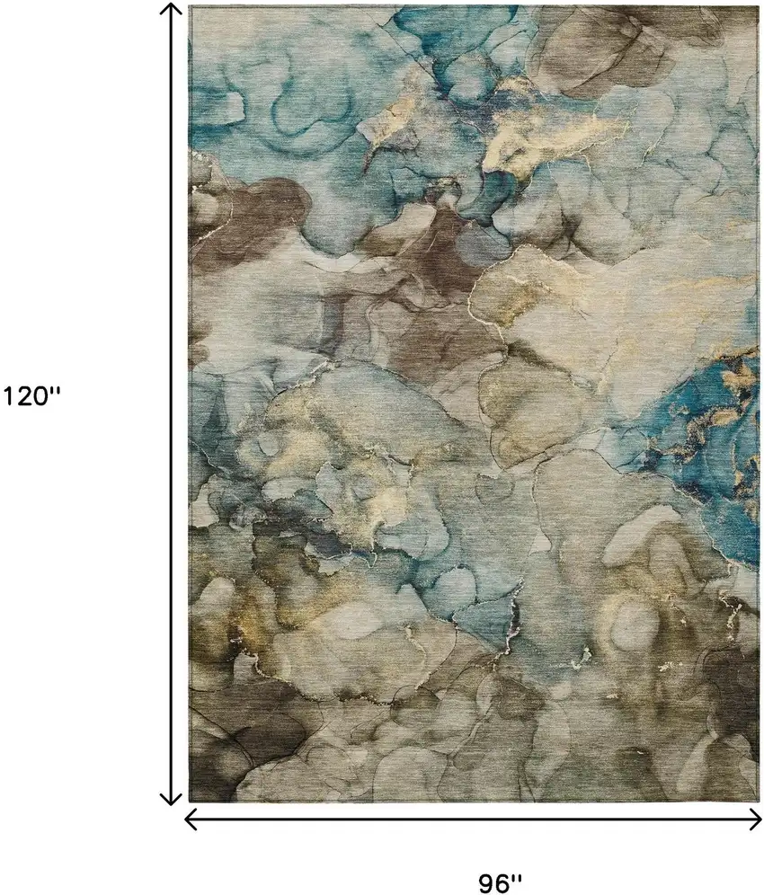 Brown And Teal Blue Abstract Washable Indoor Outdoor Area Rug Photo 9