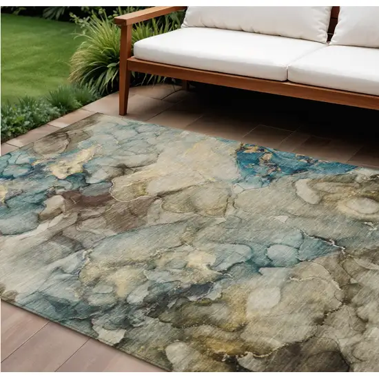 Brown And Teal Blue Abstract Washable Indoor Outdoor Area Rug Photo 2