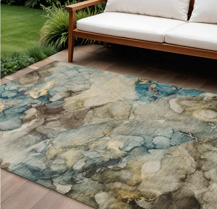 Brown And Teal Blue Abstract Washable Indoor Outdoor Area Rug Photo 2
