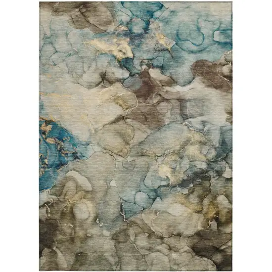 Brown And Teal Blue Abstract Washable Indoor Outdoor Area Rug Photo 1