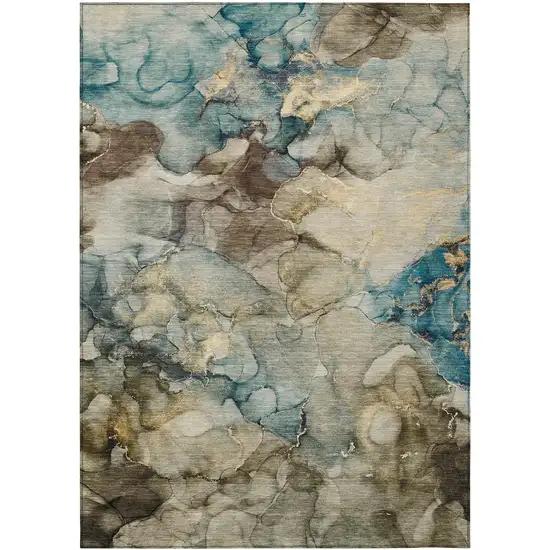 Brown And Teal Blue Abstract Washable Indoor Outdoor Area Rug Photo 9