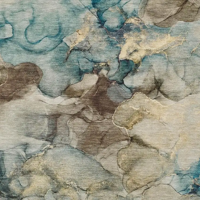 Brown And Teal Blue Abstract Washable Indoor Outdoor Area Rug Photo 6