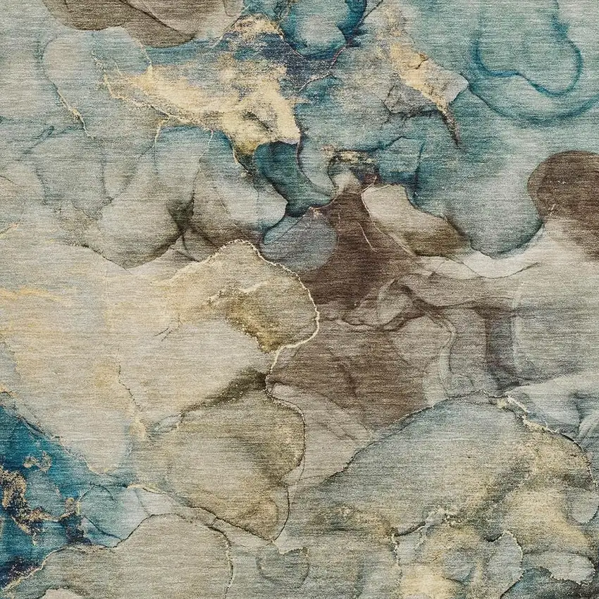 Brown And Teal Blue Abstract Washable Indoor Outdoor Area Rug Photo 3