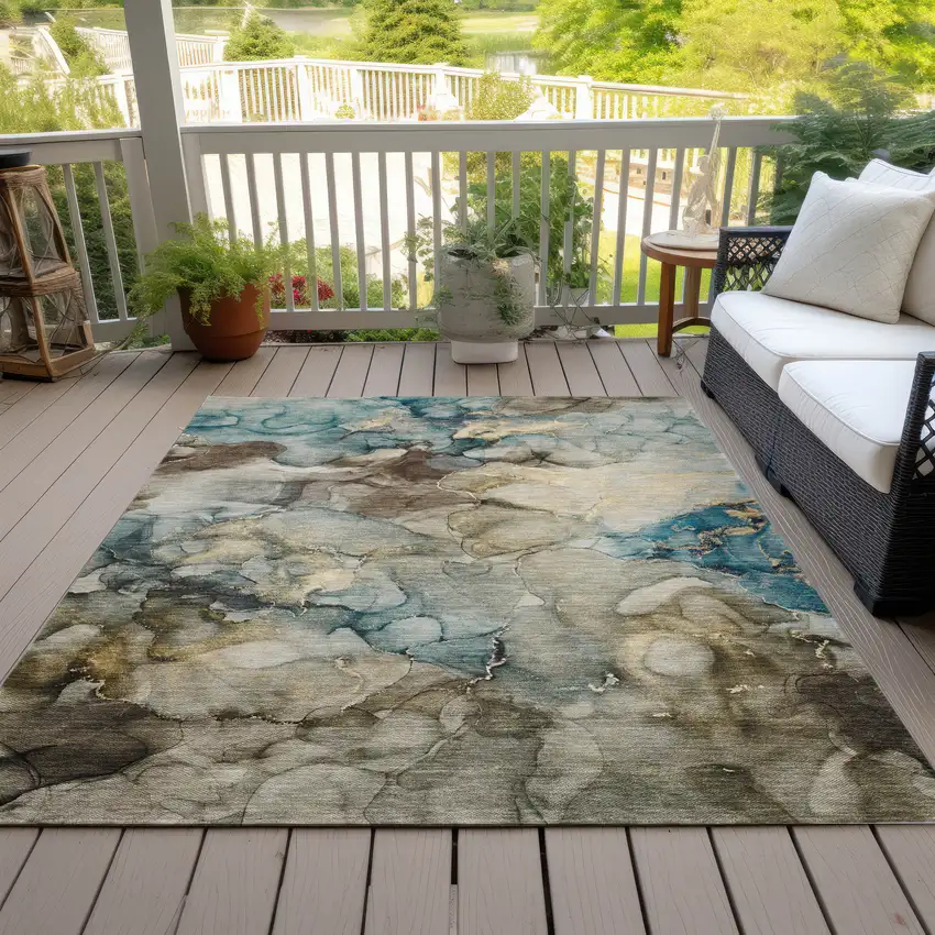 Brown And Teal Blue Abstract Washable Indoor Outdoor Area Rug Photo 8