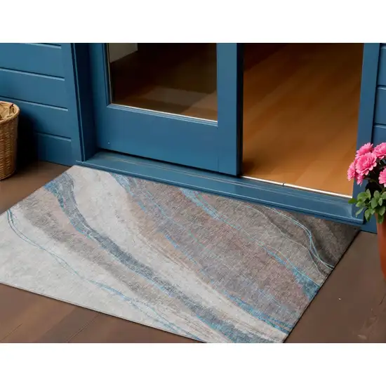 Brown And Teal Blue Abstract Washable Indoor Outdoor Area Rug Photo 2