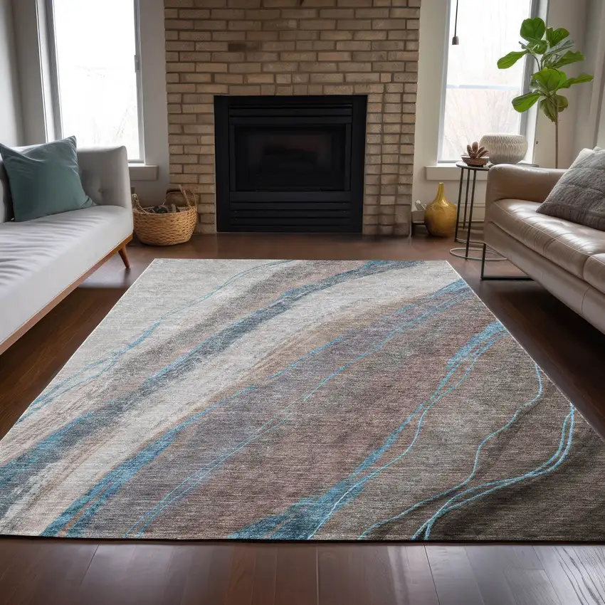 Brown And Teal Blue Abstract Washable Indoor Outdoor Area Rug Photo 7
