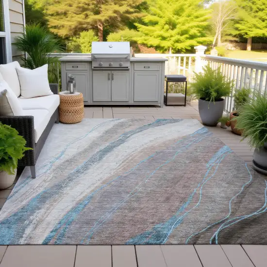 Brown And Teal Blue Abstract Washable Indoor Outdoor Area Rug Photo 5