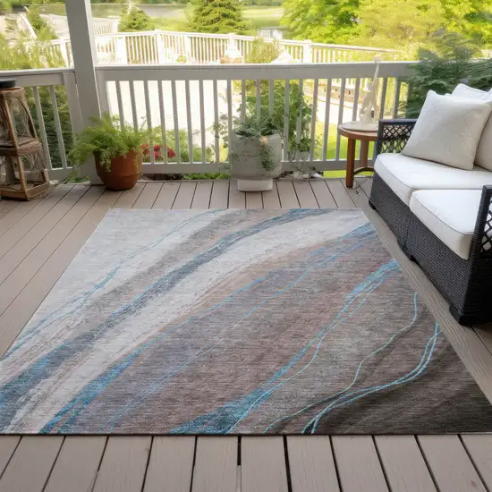 Brown And Teal Blue Abstract Washable Indoor Outdoor Area Rug Photo 8