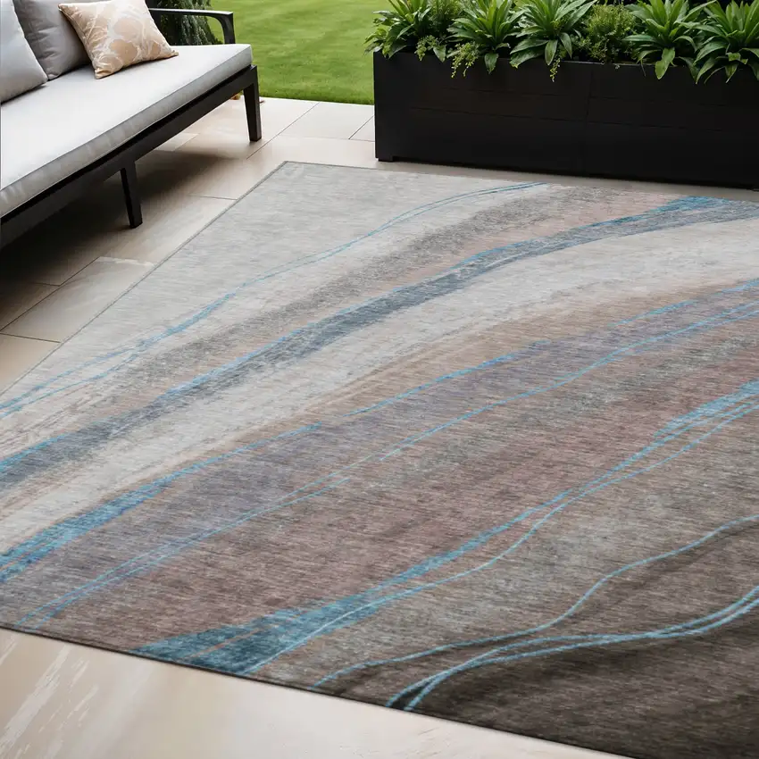 Brown And Teal Blue Abstract Washable Indoor Outdoor Area Rug Photo 2