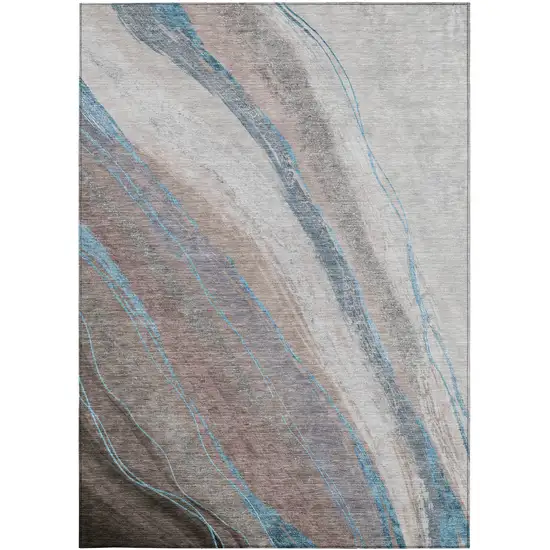 Brown And Teal Blue Abstract Washable Indoor Outdoor Area Rug Photo 1