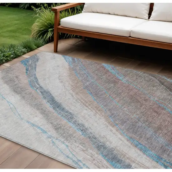 Brown And Teal Blue Abstract Washable Indoor Outdoor Area Rug Photo 2