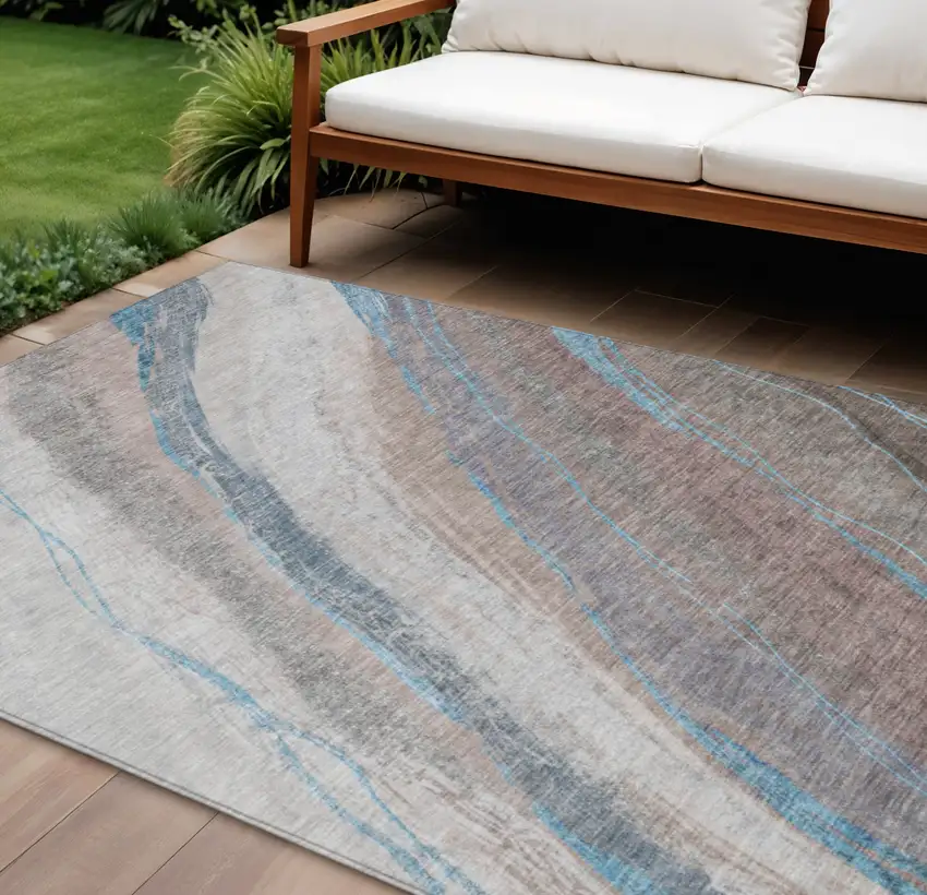 Brown And Teal Blue Abstract Washable Indoor Outdoor Area Rug Photo 2