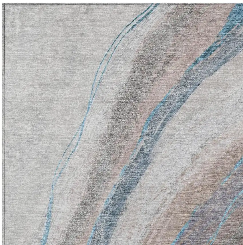 Brown And Teal Blue Abstract Washable Indoor Outdoor Area Rug Photo 3