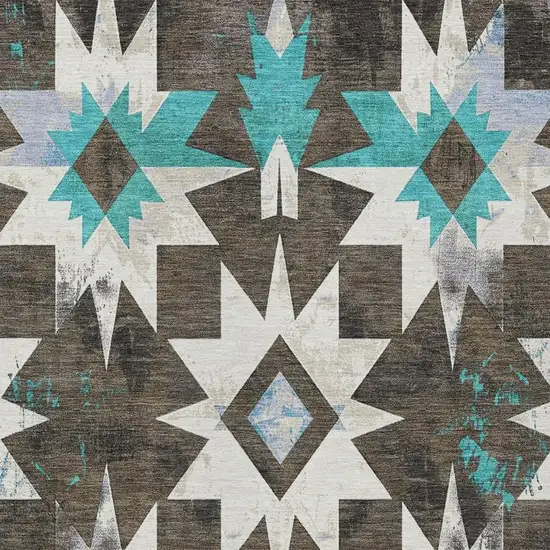 Brown And Teal Blue Aztec Washable Indoor Outdoor Area Rug Photo 3