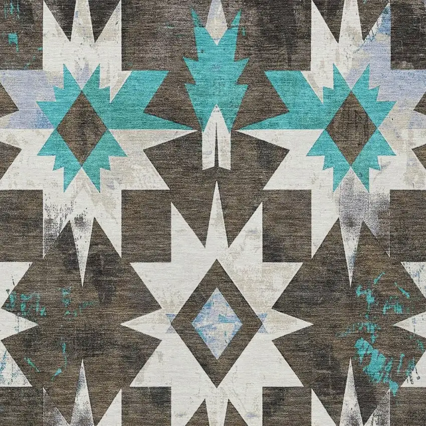 Brown And Teal Blue Aztec Washable Indoor Outdoor Area Rug Photo 3