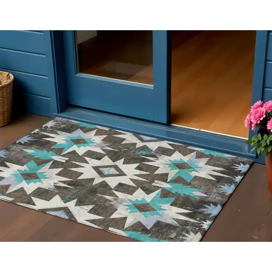 Brown And Teal Blue Aztec Washable Indoor Outdoor Area Rug Photo 2
