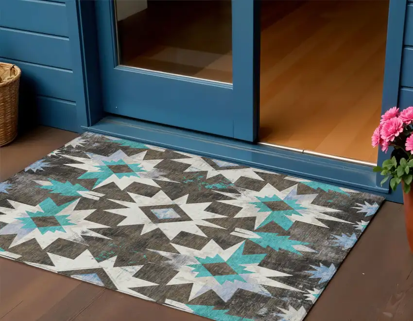 Brown And Teal Blue Aztec Washable Indoor Outdoor Area Rug Photo 2