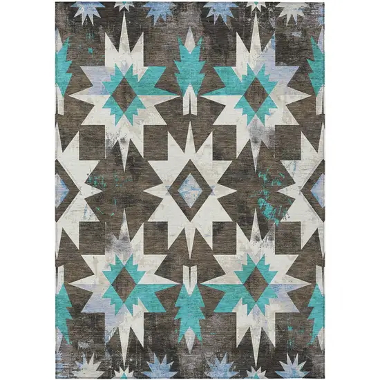 Brown And Teal Blue Aztec Washable Indoor Outdoor Area Rug Photo 1