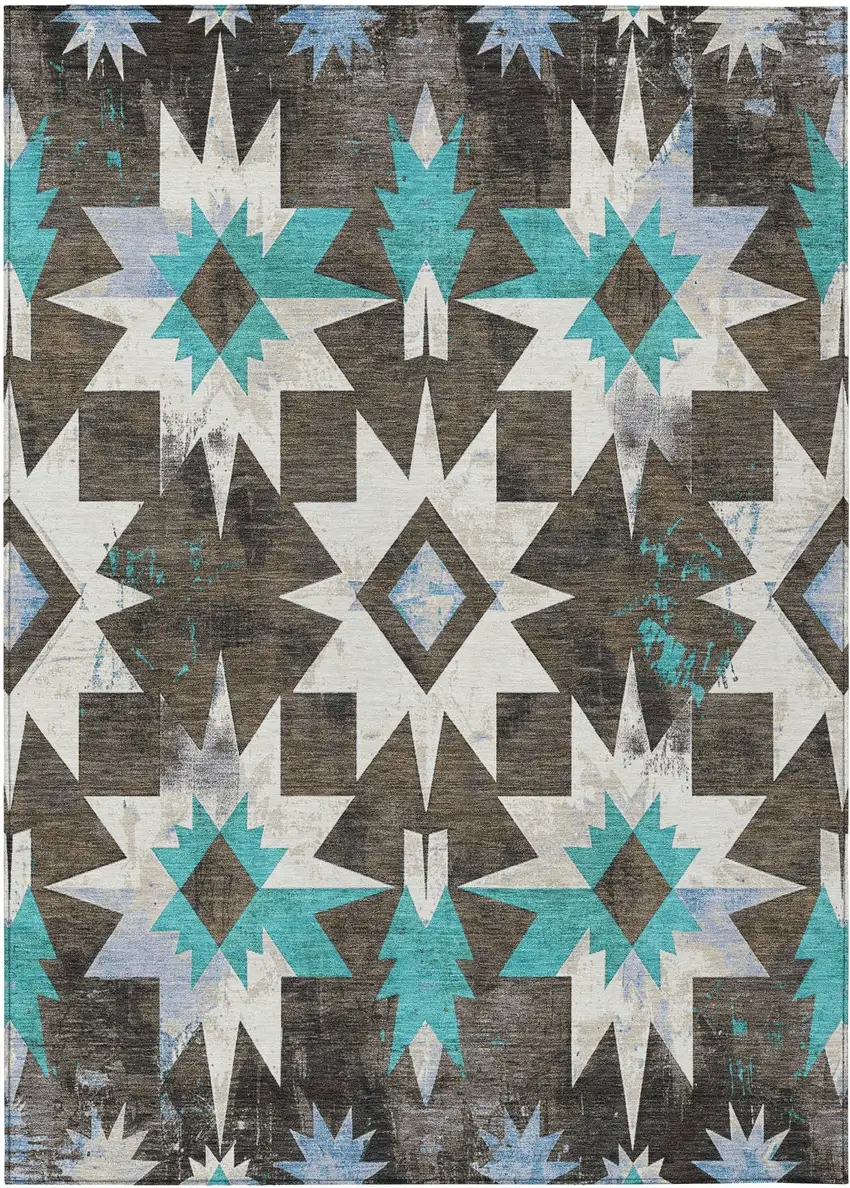 Brown And Teal Blue Aztec Washable Indoor Outdoor Area Rug Photo 1