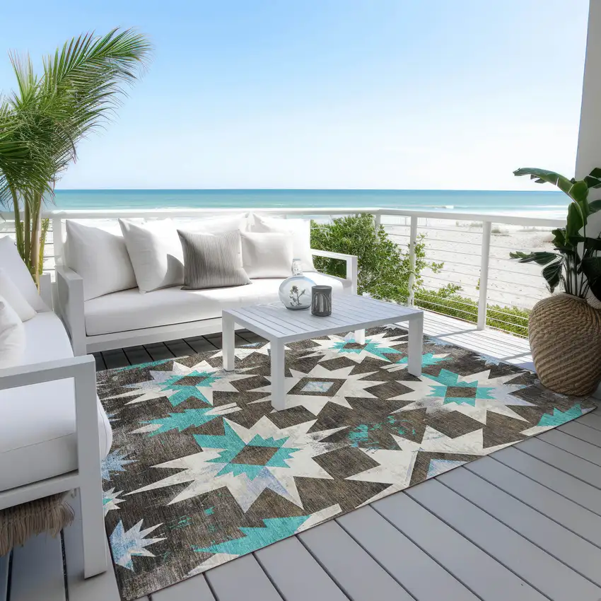 Brown And Teal Blue Aztec Washable Indoor Outdoor Area Rug Photo 4