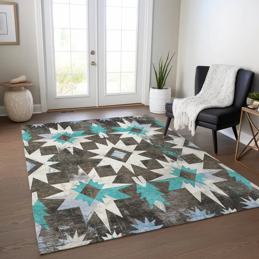 Brown And Teal Blue Aztec Washable Indoor Outdoor Area Rug Photo 5