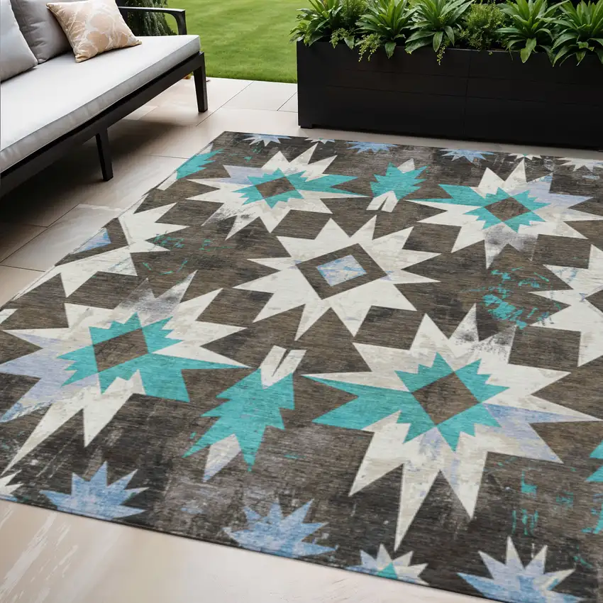 Brown And Teal Blue Aztec Washable Indoor Outdoor Area Rug Photo 2