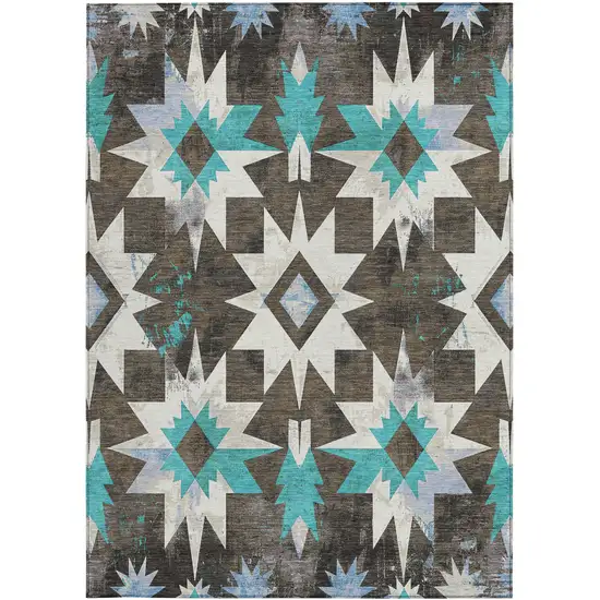 Brown And Teal Blue Aztec Washable Indoor Outdoor Area Rug Photo 3