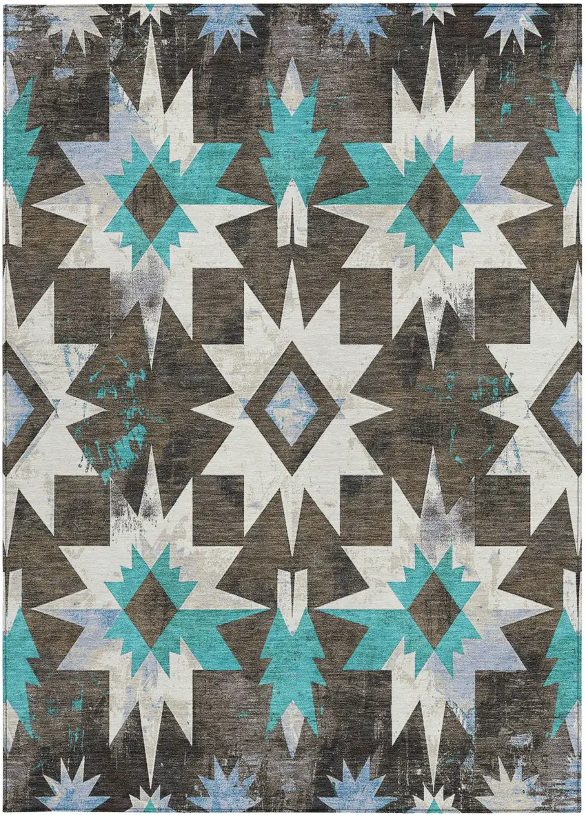 Brown And Teal Blue Aztec Washable Indoor Outdoor Area Rug Photo 3