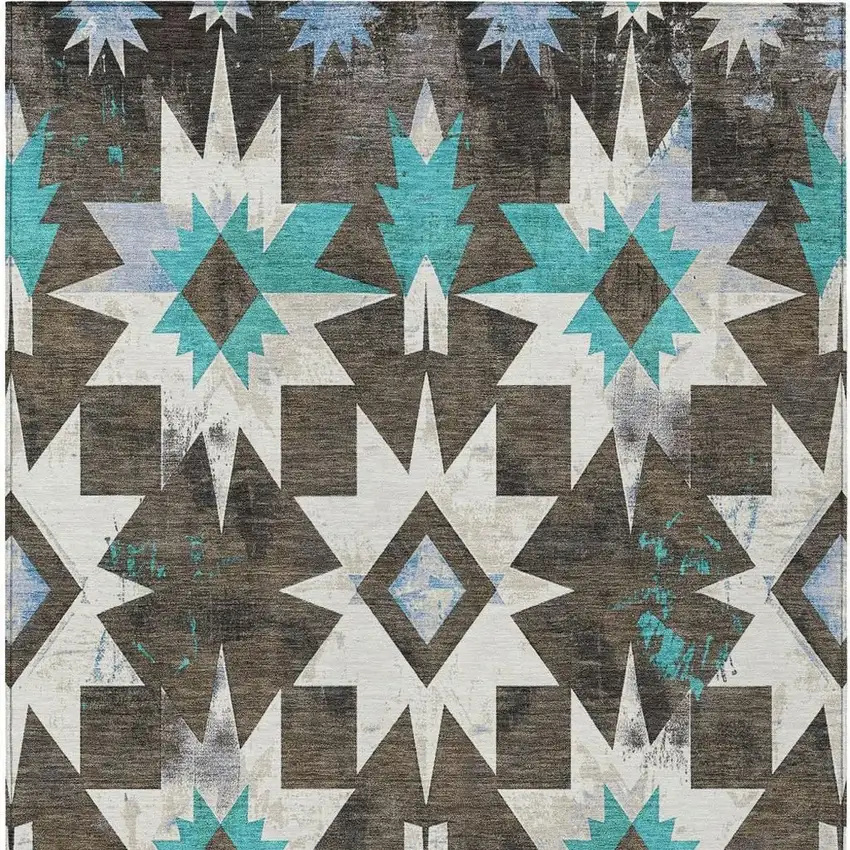 Brown And Teal Blue Aztec Washable Indoor Outdoor Area Rug Photo 4