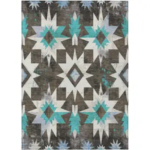 Photo of Brown And Teal Blue Aztec Washable Indoor Outdoor Area Rug