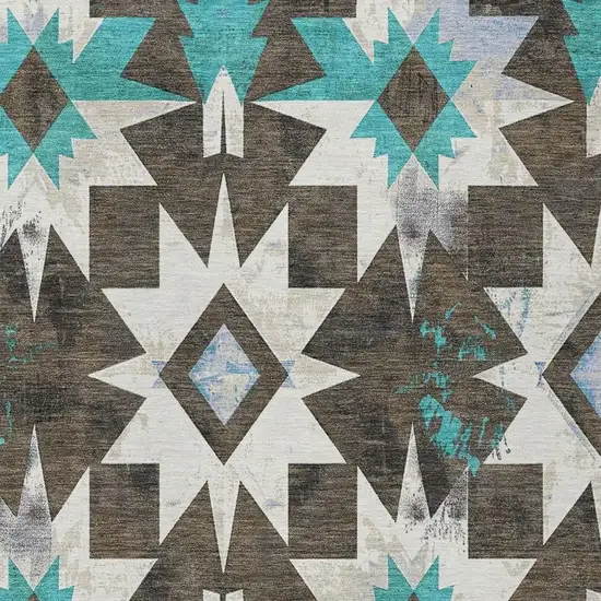 Brown And Teal Blue Aztec Washable Indoor Outdoor Area Rug Photo 3