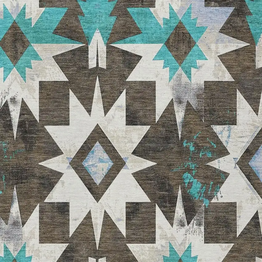 Brown And Teal Blue Aztec Washable Indoor Outdoor Area Rug Photo 3