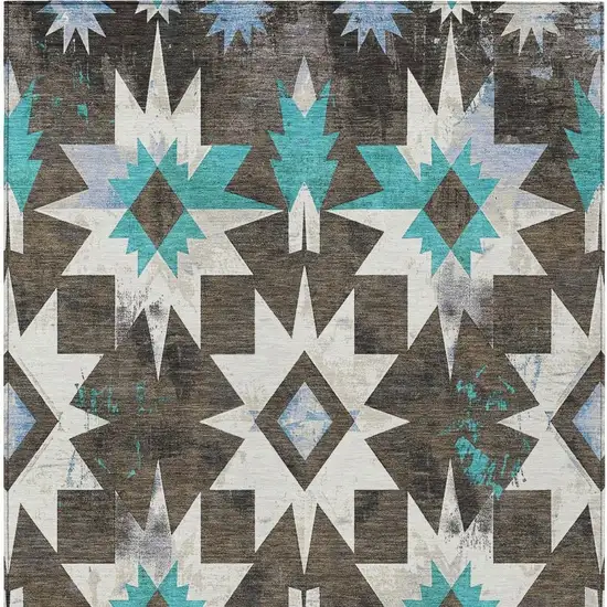 Brown And Teal Blue Aztec Washable Indoor Outdoor Area Rug Photo 4