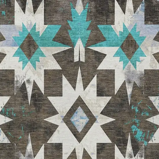Brown And Teal Blue Aztec Washable Indoor Outdoor Area Rug Photo 3