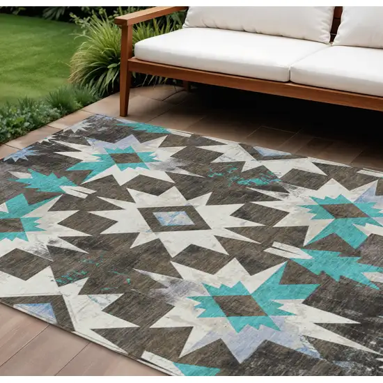 Brown And Teal Blue Aztec Washable Indoor Outdoor Area Rug Photo 2