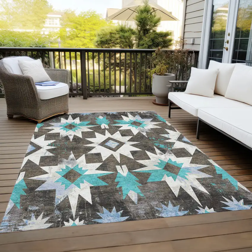 Brown And Teal Blue Aztec Washable Indoor Outdoor Area Rug Photo 8