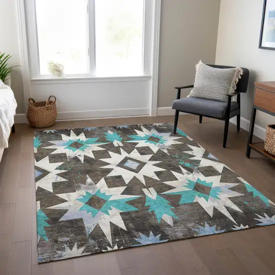 Brown And Teal Blue Aztec Washable Indoor Outdoor Area Rug Photo 7
