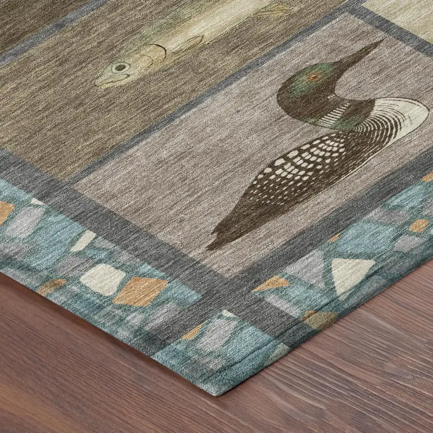 Brown And Teal Blue Floral Medallion Washable Indoor Outdoor Area Rug Photo 4
