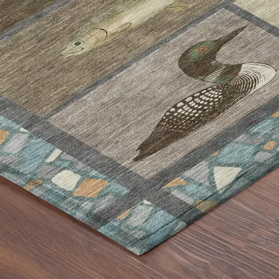 Brown And Teal Blue Floral Medallion Washable Indoor Outdoor Area Rug Photo 4