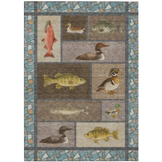 Brown And Teal Blue Floral Medallion Washable Indoor Outdoor Area Rug Photo 1