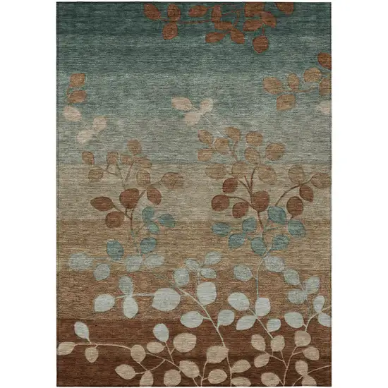 Brown And Teal Blue Floral Washable Indoor Outdoor Area Rug Photo 1
