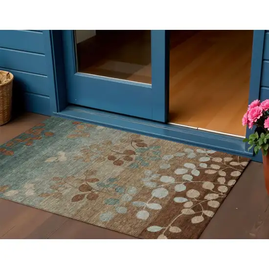 Brown And Teal Blue Floral Washable Indoor Outdoor Area Rug Photo 2
