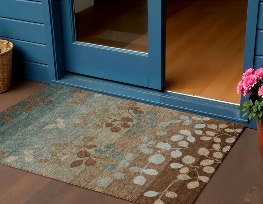 Brown And Teal Blue Floral Washable Indoor Outdoor Area Rug Photo 2
