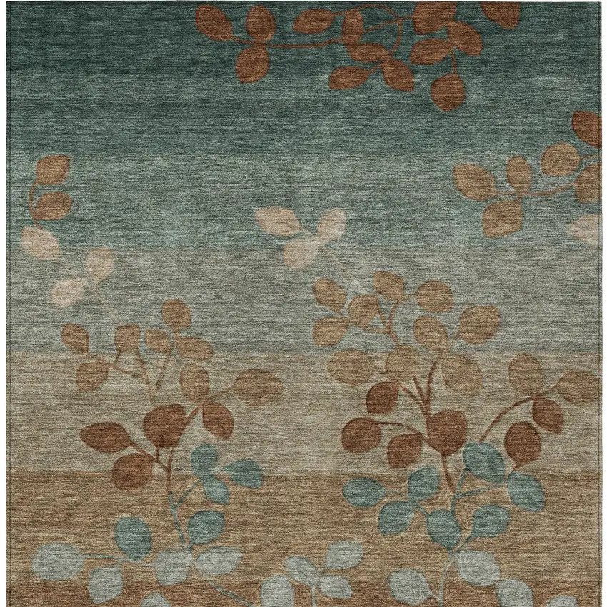 Brown And Teal Blue Floral Washable Indoor Outdoor Area Rug Photo 6